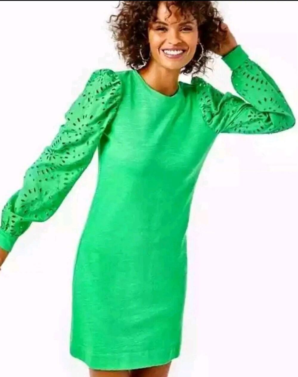 Lilly Pulitzer Jasona Eyelet Dress Lace Long Sleeve Kelly Green Size Small